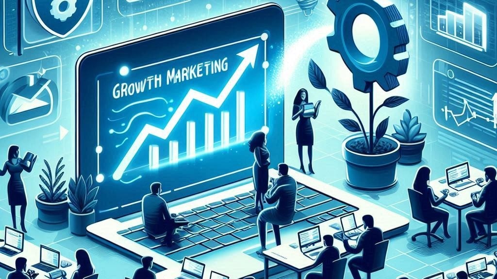 Illustration of professionals analyzing marketing growth charts on a giant laptop screen.