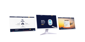 Three computer screens displaying the Ascent 360 Aviation website, showcasing its design and features.